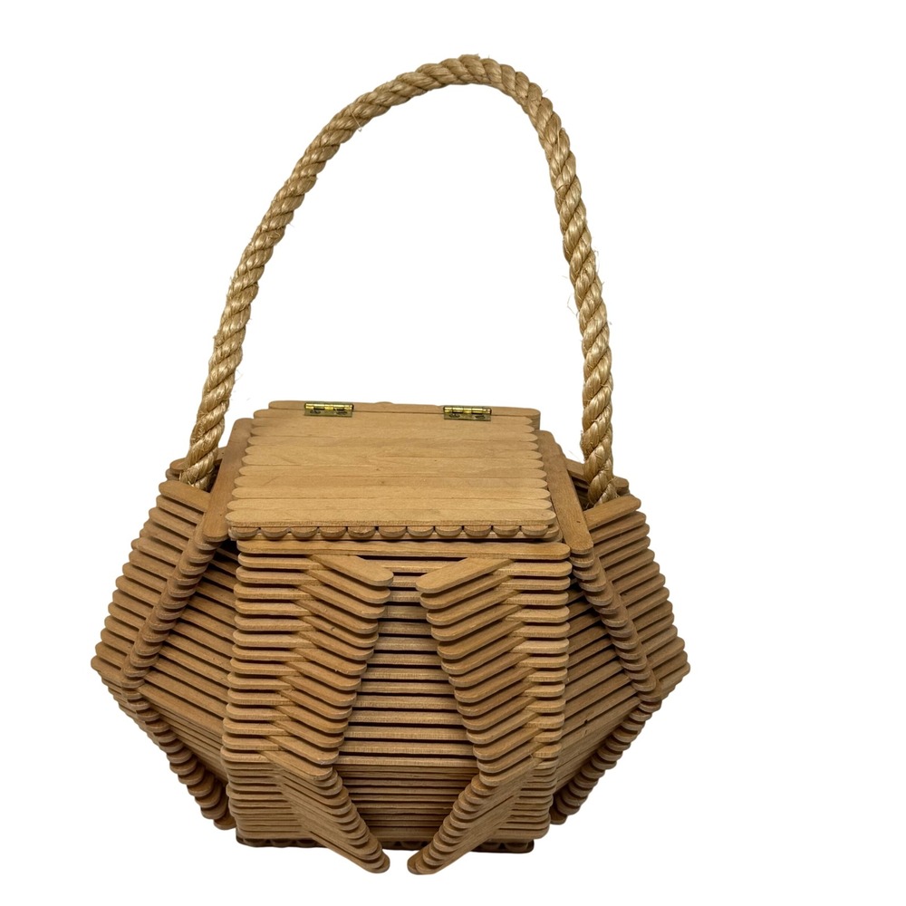 Popsicle Stick Tramp Art Box Bag Novelty Wood Purse Handmade‎ Basket Storage